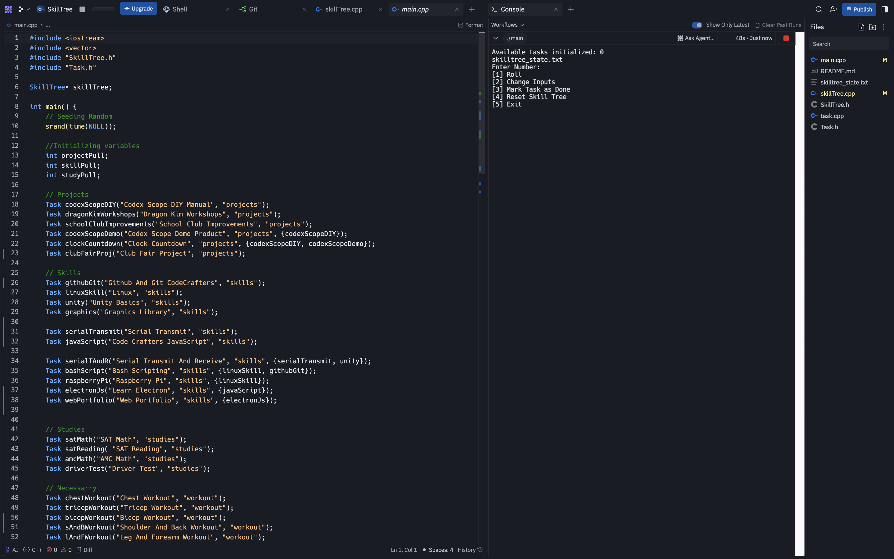SkillTree management system diagram with task categories